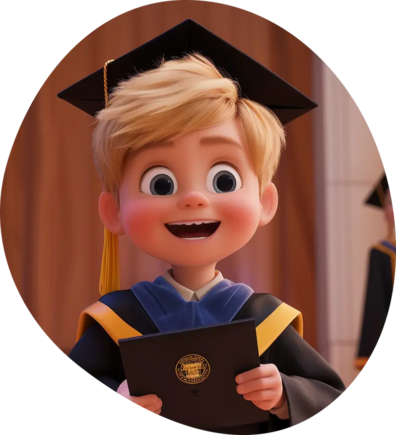 Animated child character in graduation cap celebrating achievement
