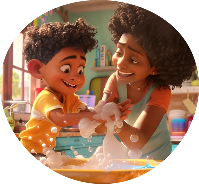 Child happily completing a visual schedule with parent support