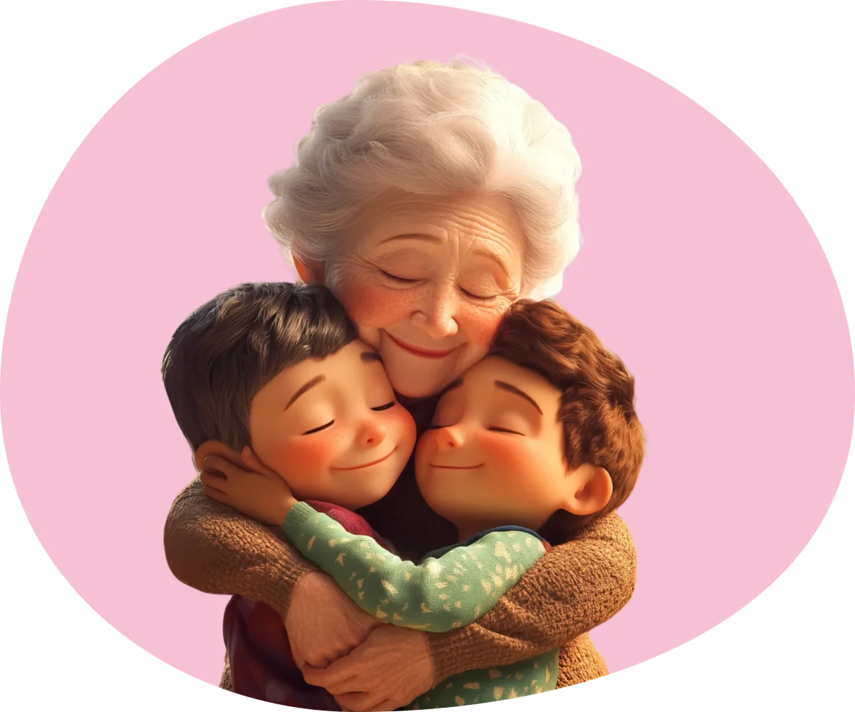 Grandmother embracing two children, representing family support and connection
