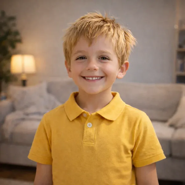 A smiling boy in a yellow polo shirt