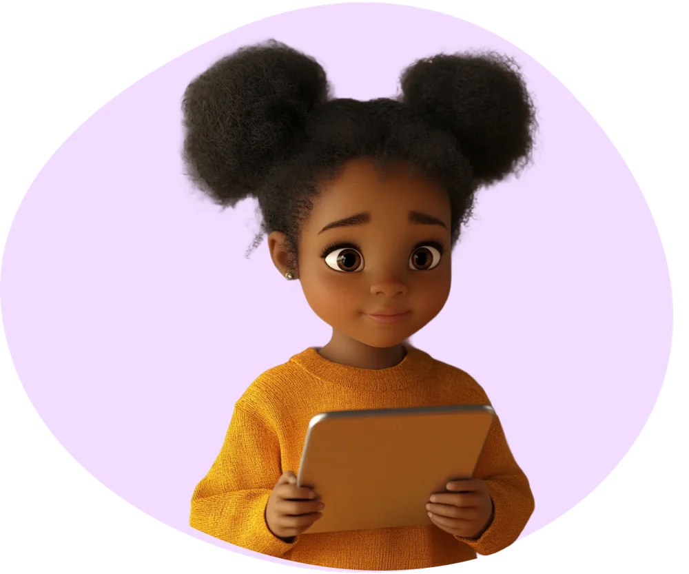 Girl enjoying educational content on tablet with colorful visual learning elements