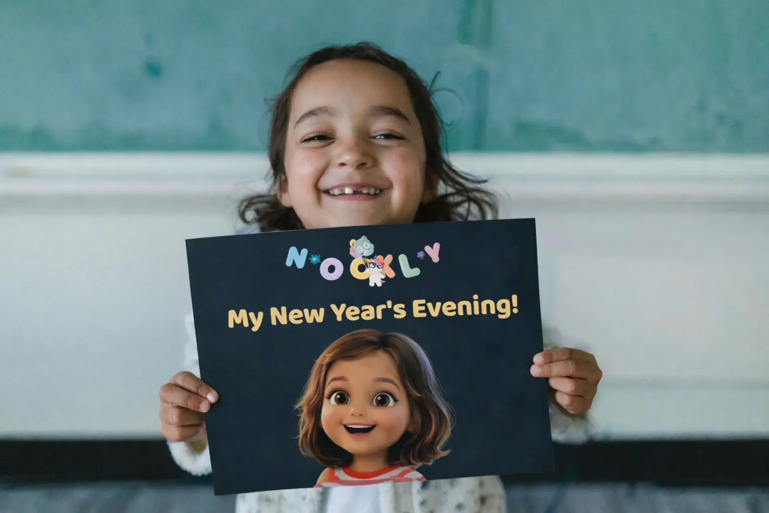 Girl holding her personalized New Year's Eve storybook