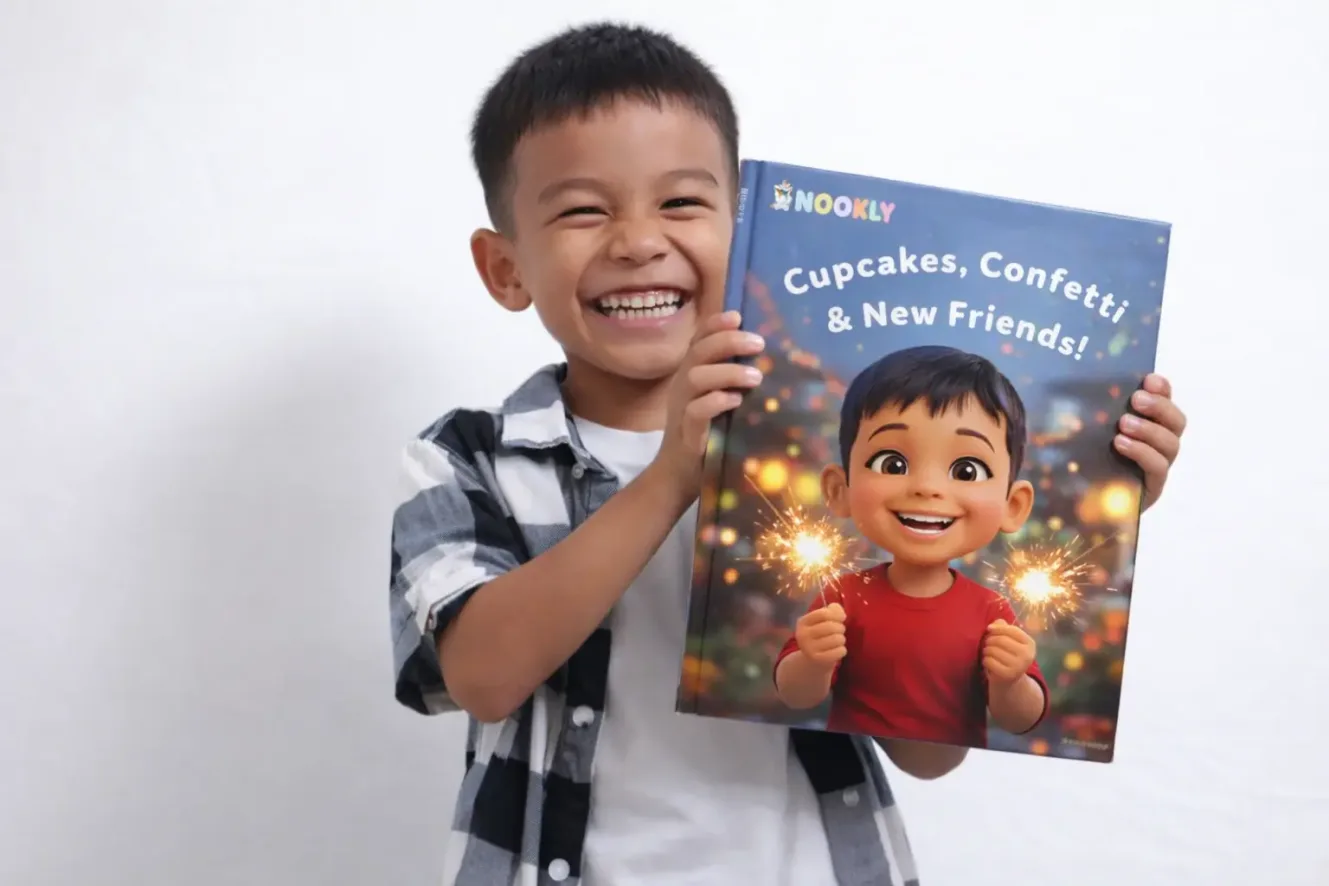 Happy child holding a personalized Nookly storybook